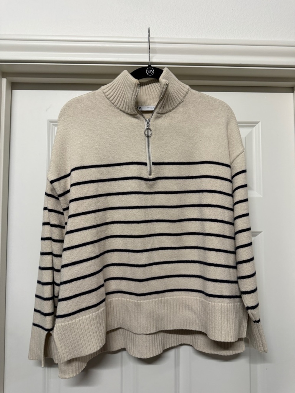 Zara Cream & Navy Striped Half-Zip Sweater. Medium.